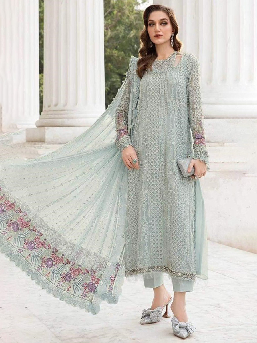 Light Grey Georgette Embroidery Zari Wedding Party Festival Casual Pant Salwar Kameez