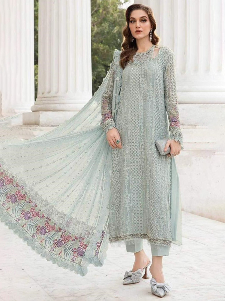 Image of Light Grey Georgette Embroidery Zari Wedding Party Festival Casual Pant Salwar Kameez
