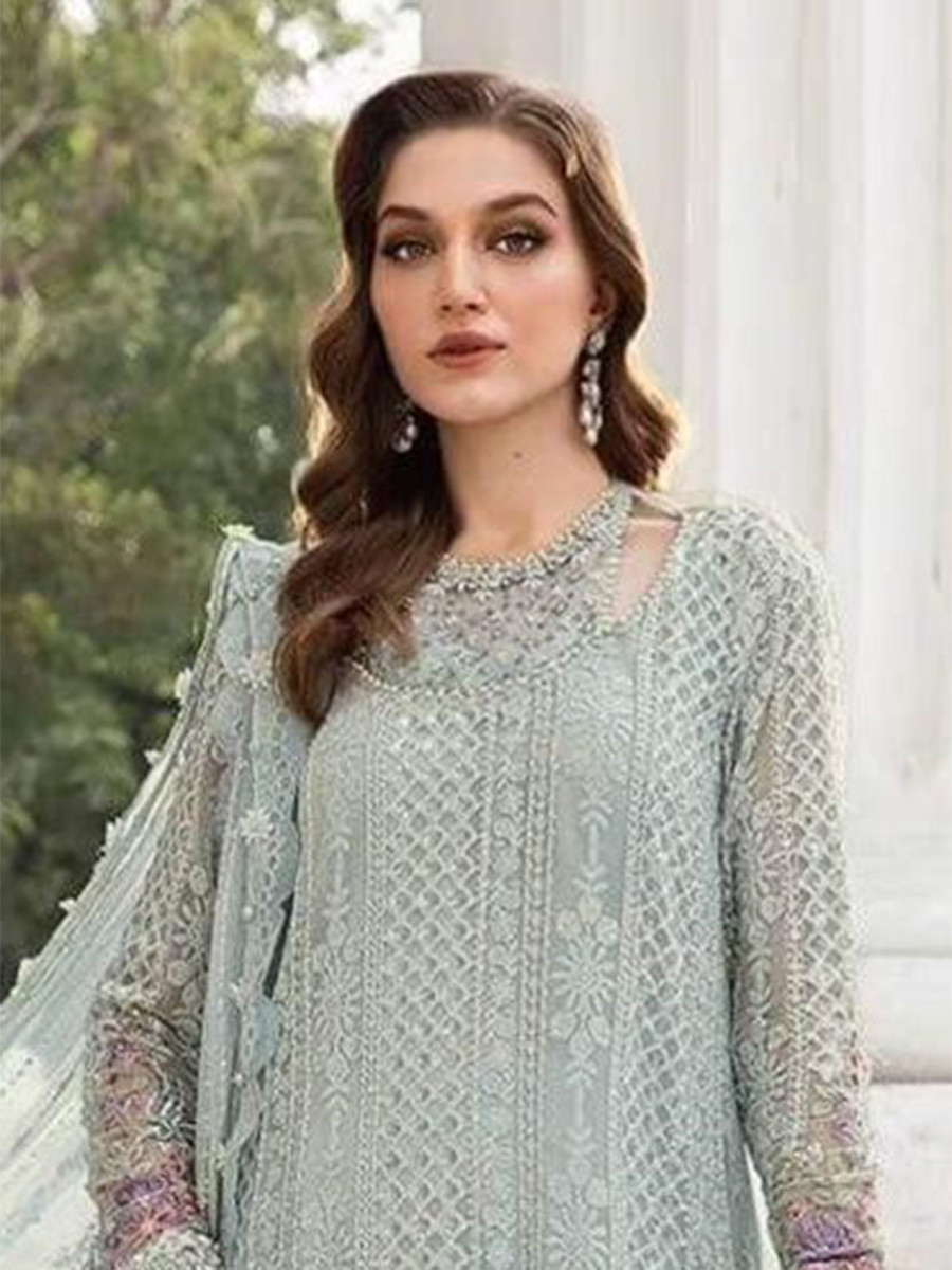 Light Grey Georgette Embroidery Zari Wedding Party Festival Casual Pant Salwar Kameez