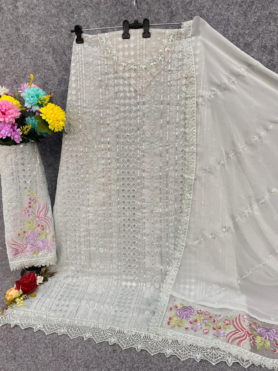 Light Grey Georgette Embroidery Zari Wedding Party Festival Casual Pant Salwar Kameez