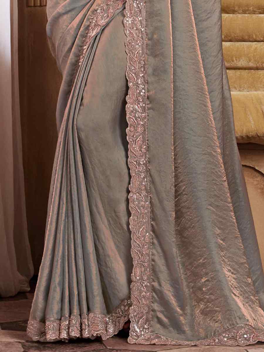 Light Grey Gold Silk Embroidered Bridesmaid Reception Heavy Border Saree