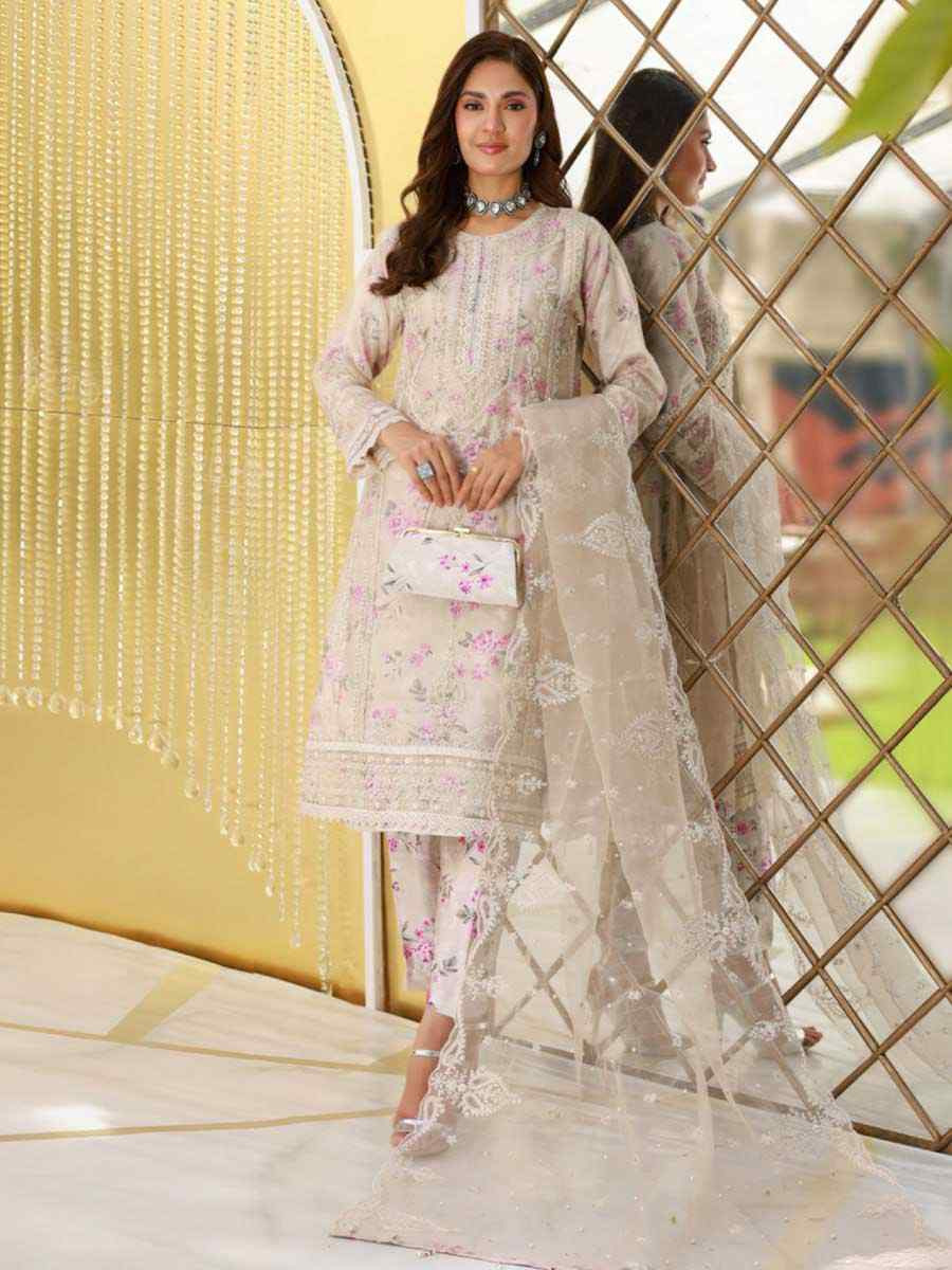 Light Grey Heavy Organza Silk Embroidered Festival Wedding Pant Salwar Kameez