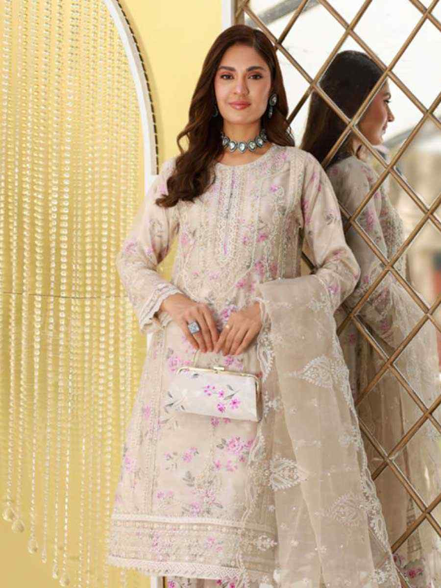 Light Grey Heavy Organza Silk Embroidered Festival Wedding Pant Salwar Kameez