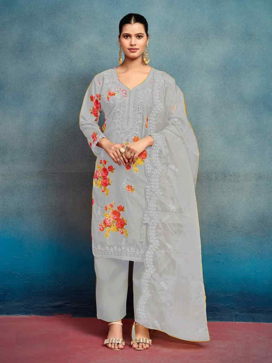 Light Grey Heavy Tebby Silk Embroidered Festival Casual Ready Pant Salwar Kameez