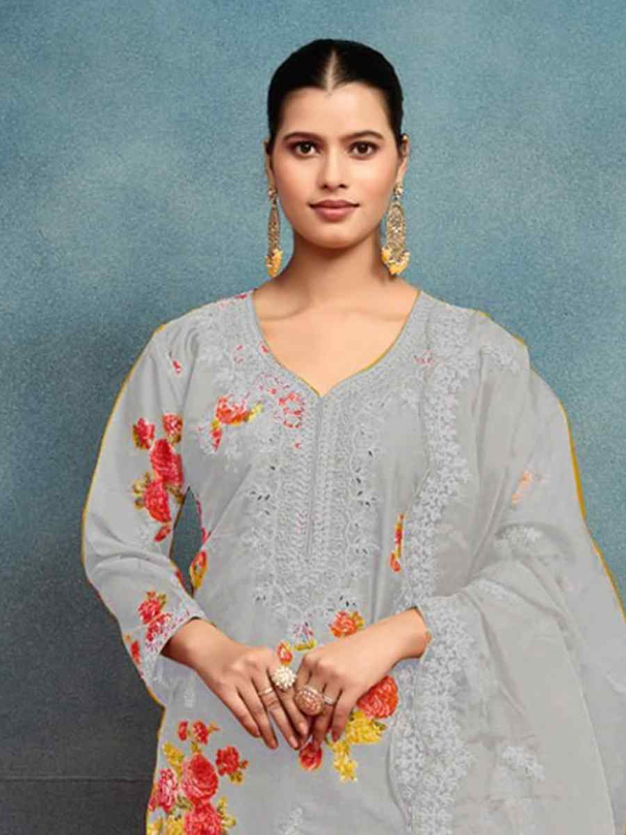 Light Grey Heavy Tebby Silk Embroidered Festival Casual Ready Pant Salwar Kameez