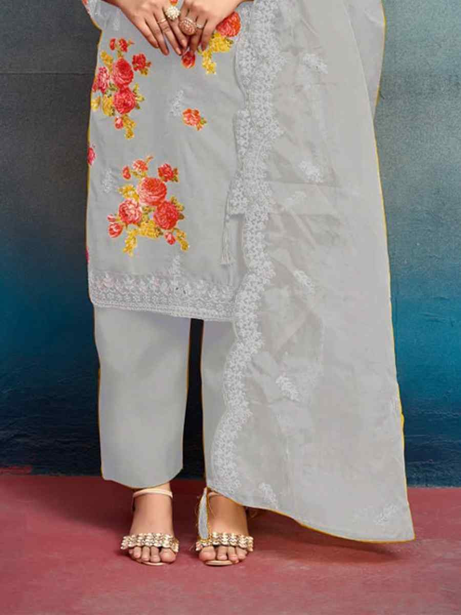 Light Grey Heavy Tebby Silk Embroidered Festival Casual Ready Pant Salwar Kameez