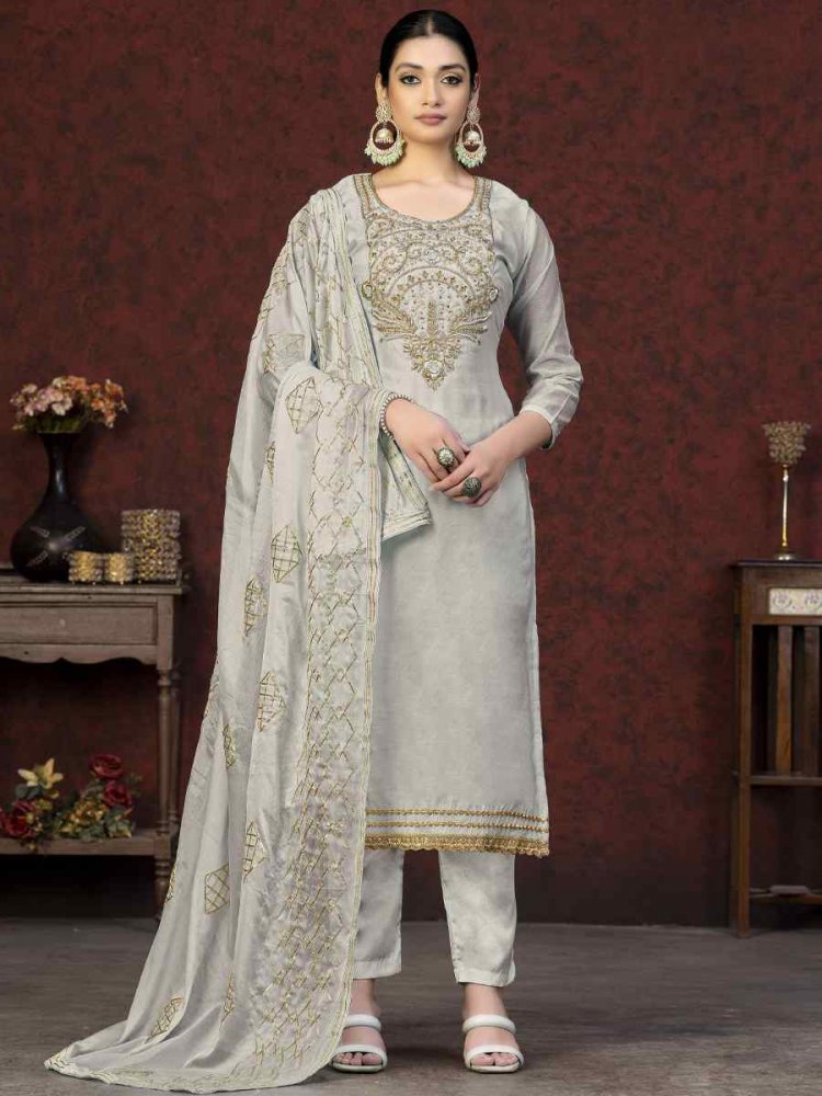 Light Grey Modal Chanderi Embroidered Casual Festival Pant Salwar Kameez