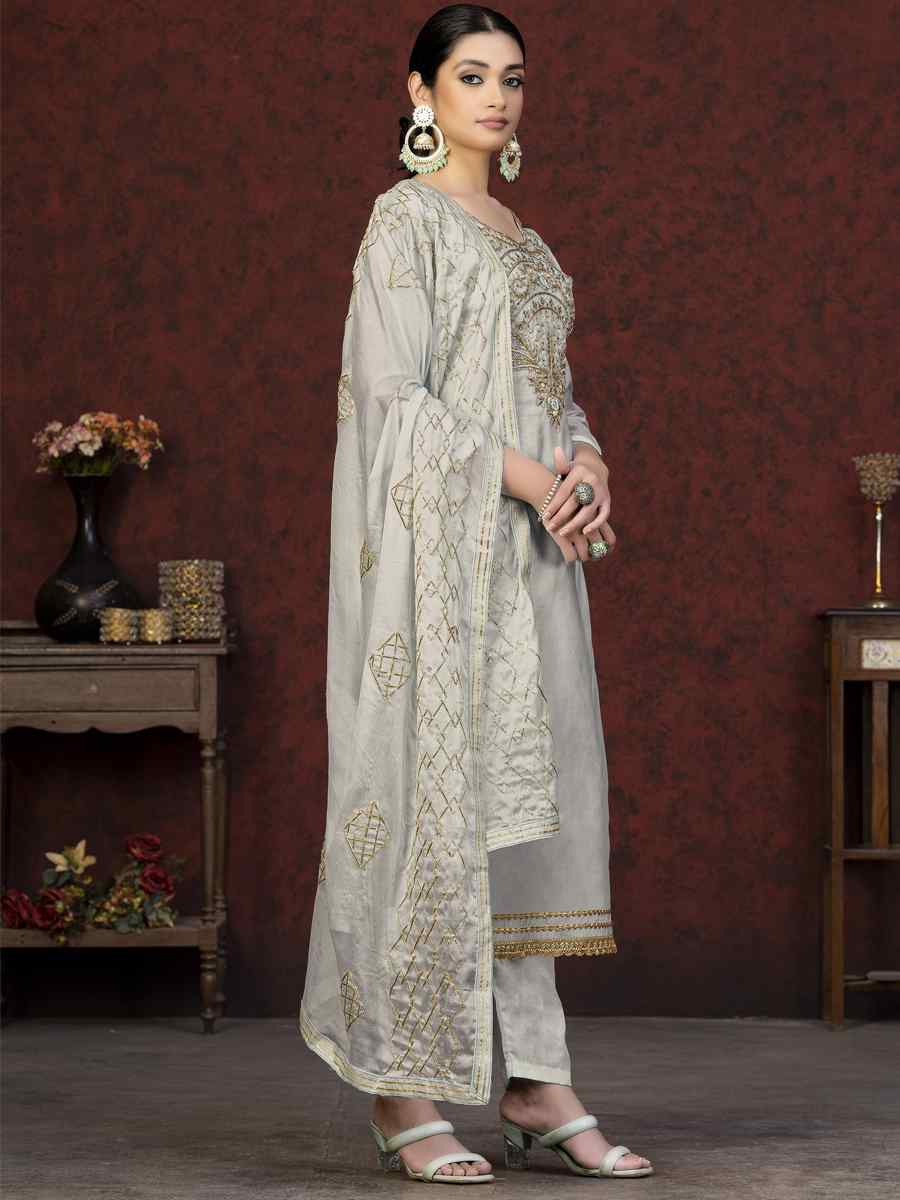 Light Grey Modal Chanderi Embroidered Casual Festival Pant Salwar Kameez