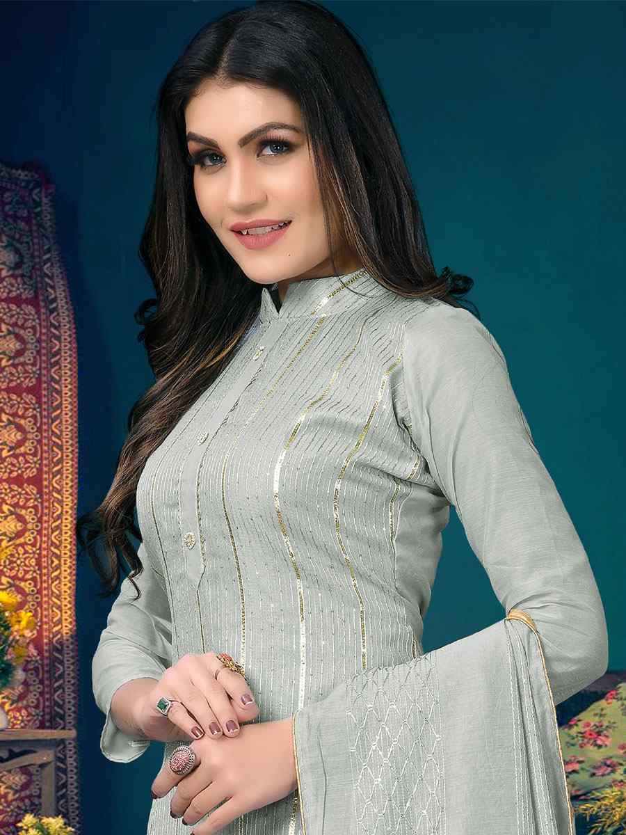 Light Grey Modal Chanderi Embroidered Wedding Festival Pant Salwar Kameez