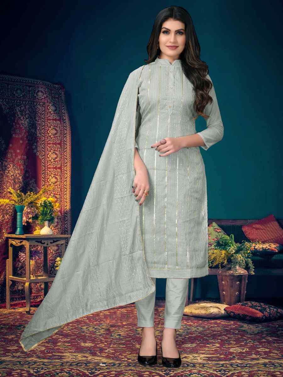 Light Grey Modal Chanderi Embroidered Wedding Festival Pant Salwar Kameez