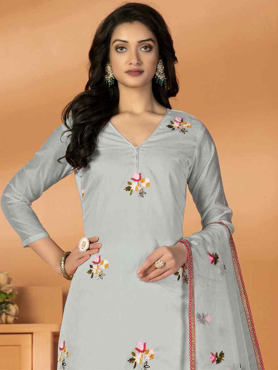 Light Grey Modal Silk Embroidered Casual Festival Pant Salwar Kameez