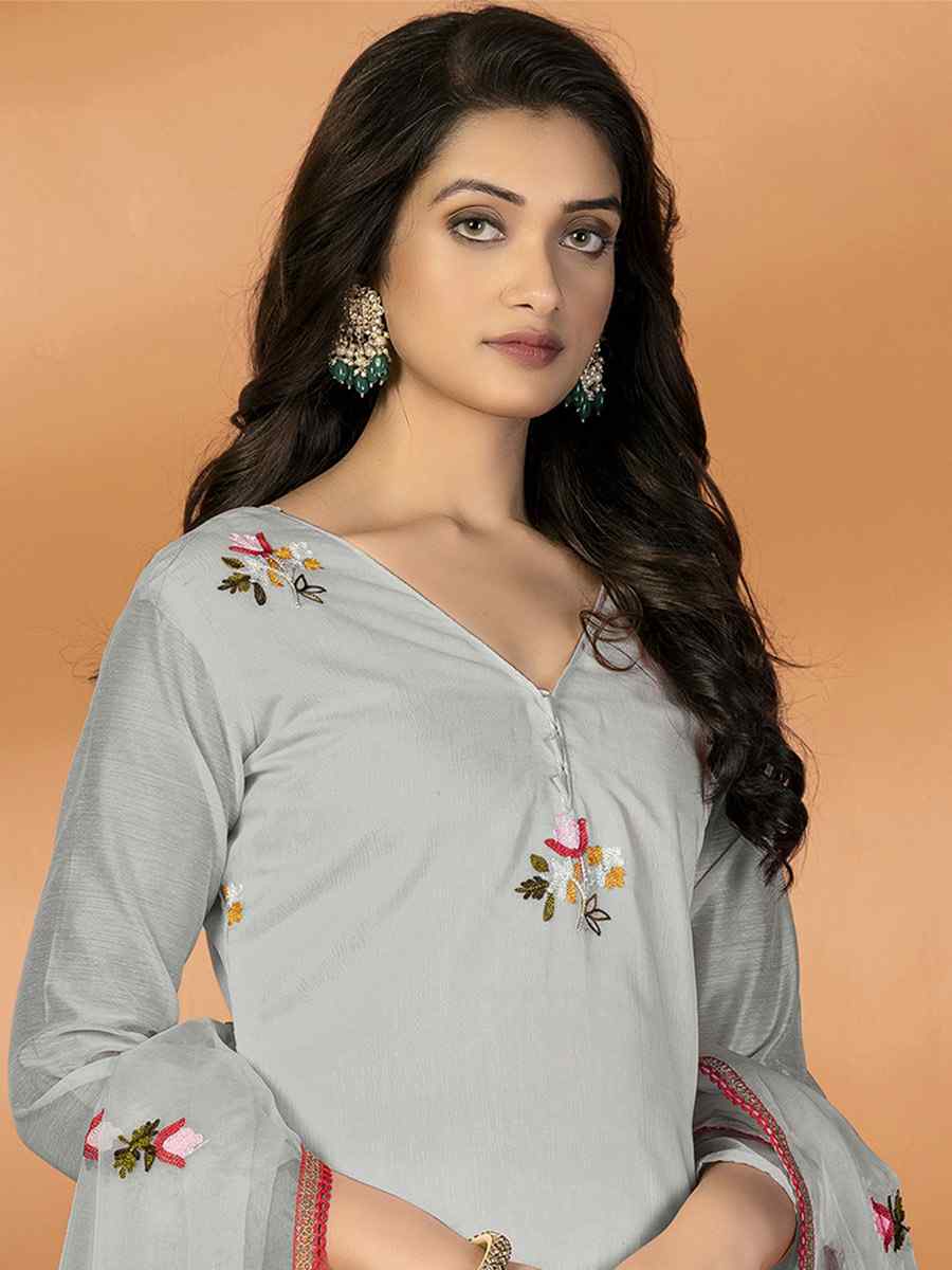 Light Grey Modal Silk Embroidered Casual Festival Pant Salwar Kameez