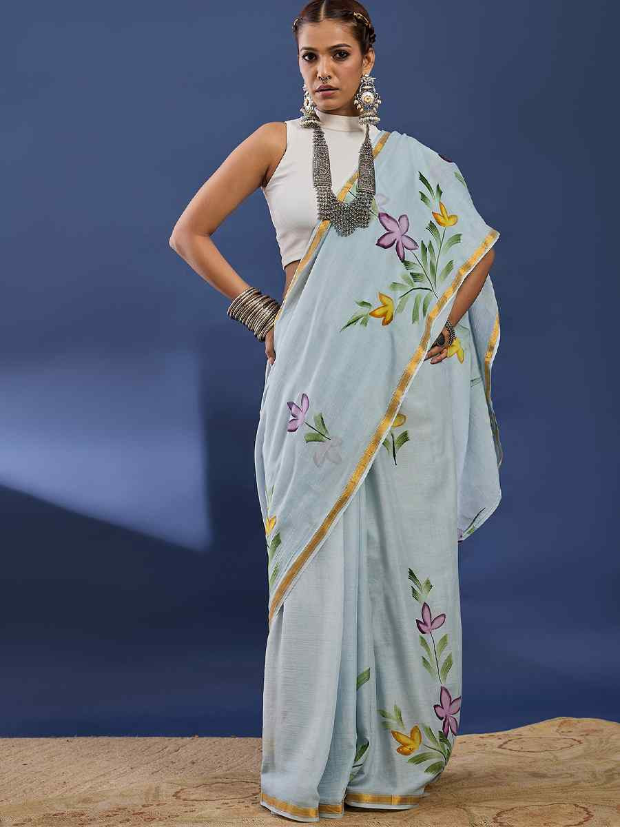 Light Grey Mulmul Cotton Printed Traditional Casual Reception Festival Fastive Fancy Classic Style Sarees