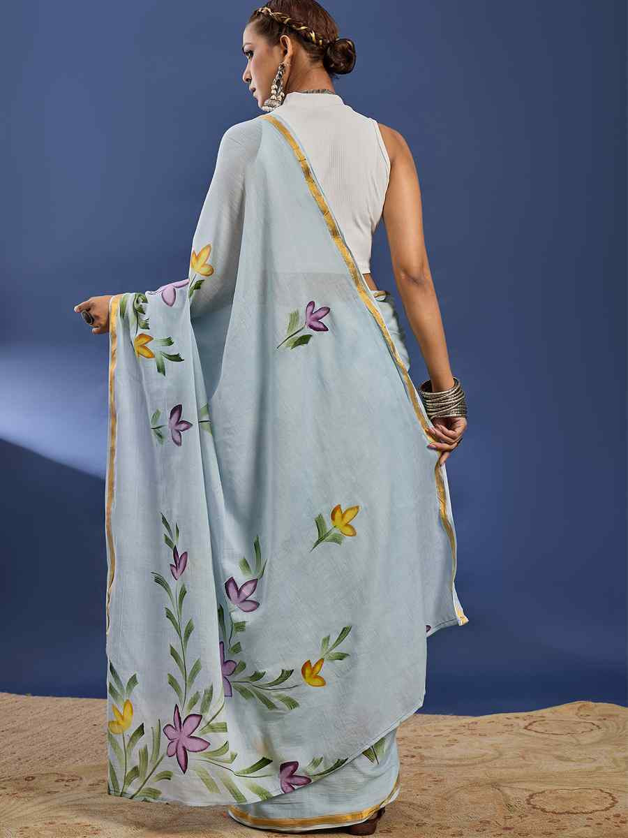 Light Grey Mulmul Cotton Printed Traditional Casual Reception Festival Fastive Fancy Classic Style Sarees