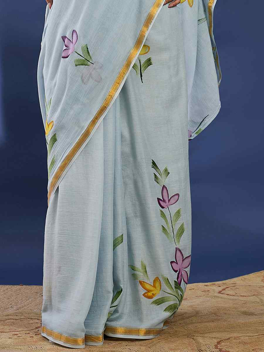 Light Grey Mulmul Cotton Printed Traditional Casual Reception Festival Fastive Fancy Classic Style Sarees