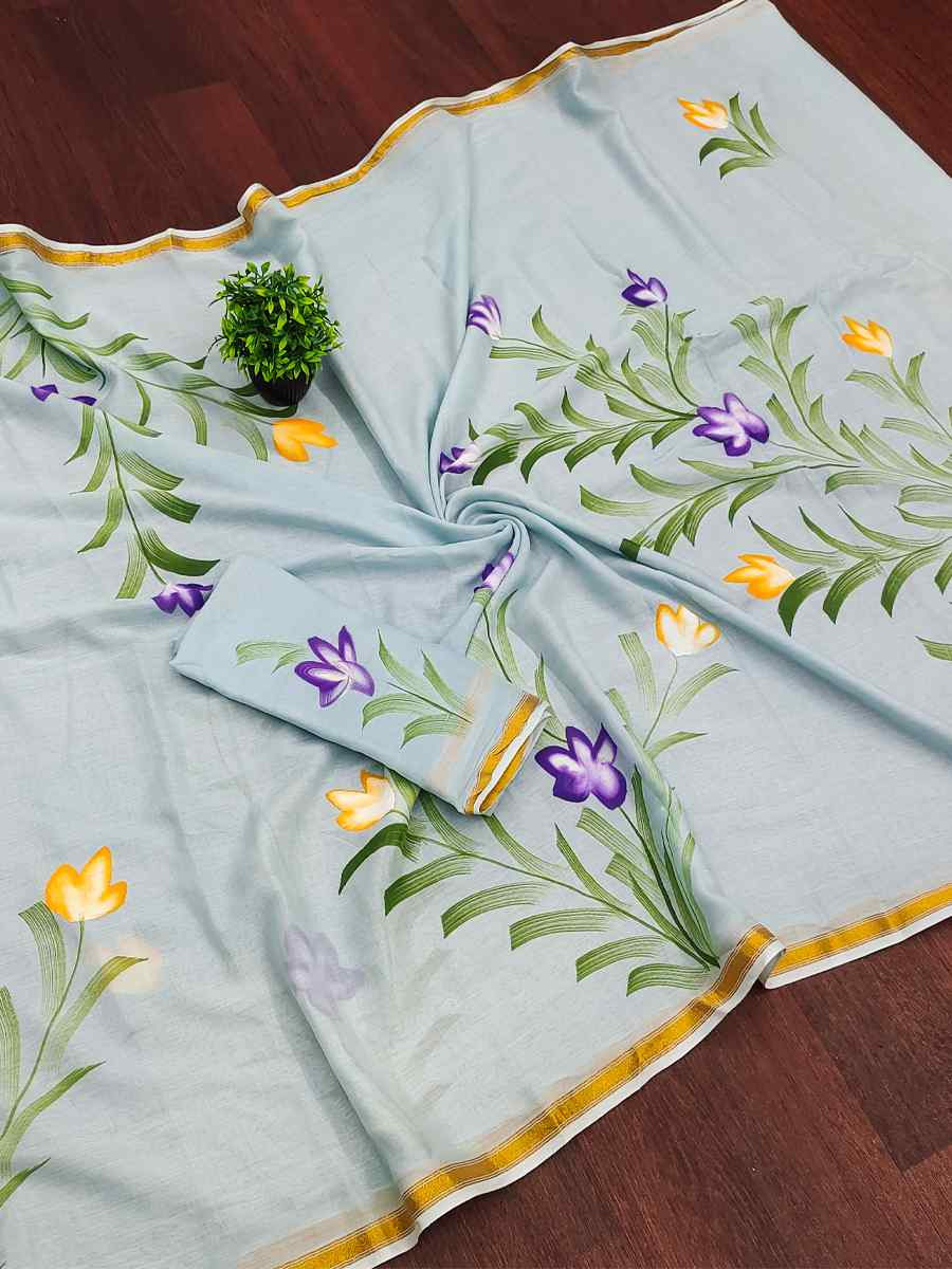 Light Grey Mulmul Cotton Printed Traditional Casual Reception Festival Fastive Fancy Classic Style Sarees