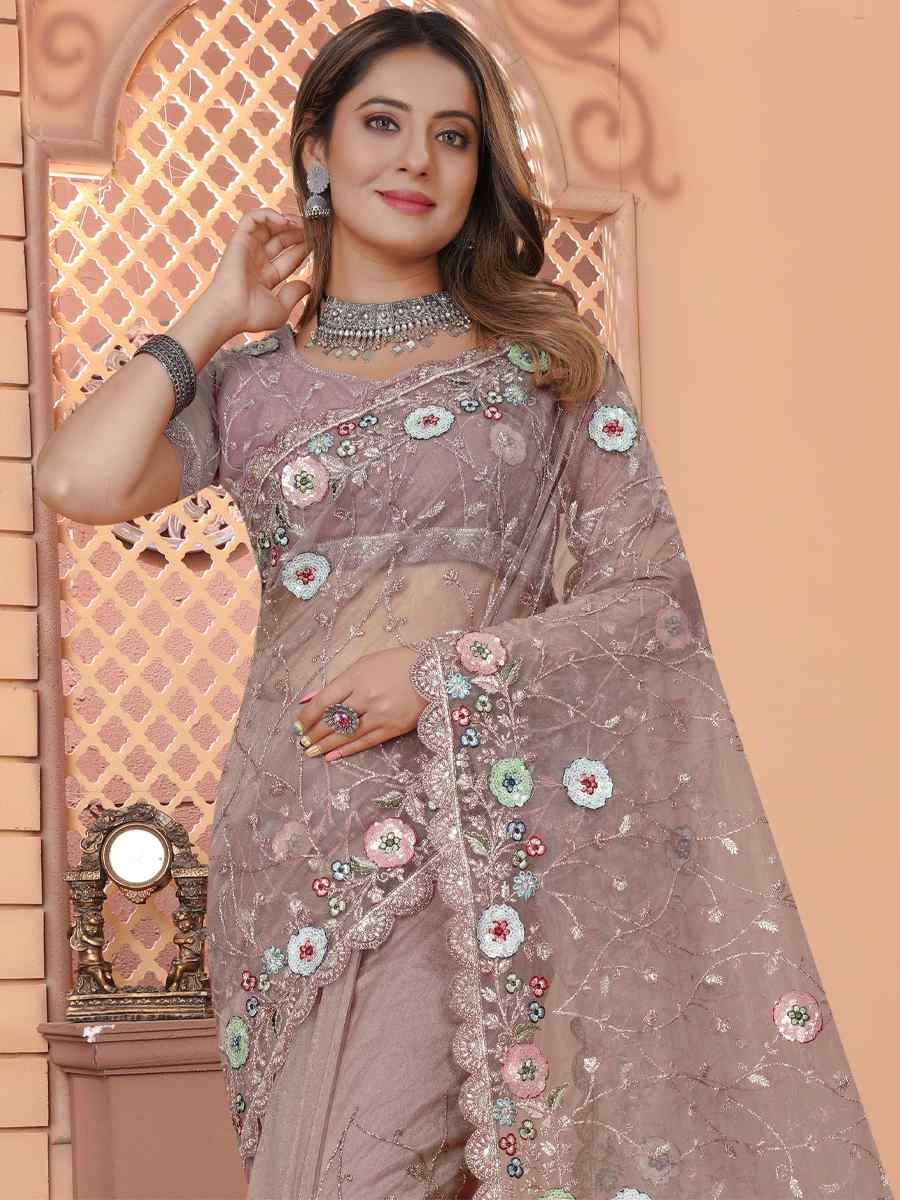 Light Grey Net Embroidered Reception Party Heavy Border Saree