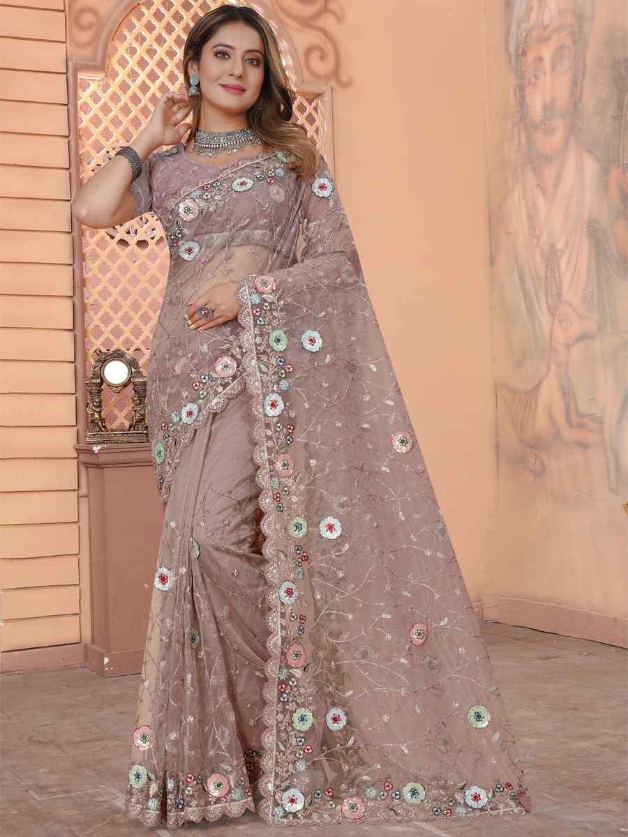 Light Grey Net Embroidered Reception Party Heavy Border Saree