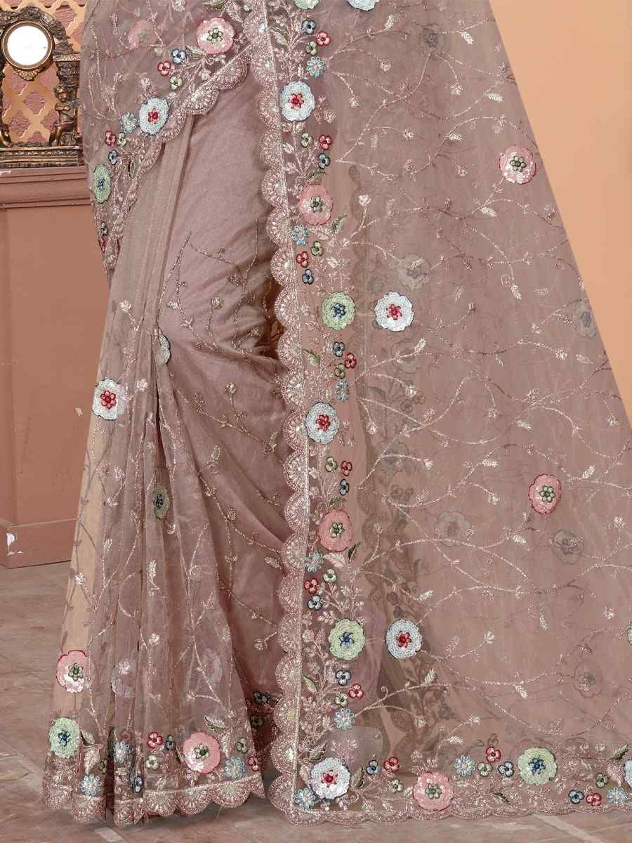 Light Grey Net Embroidered Reception Party Heavy Border Saree