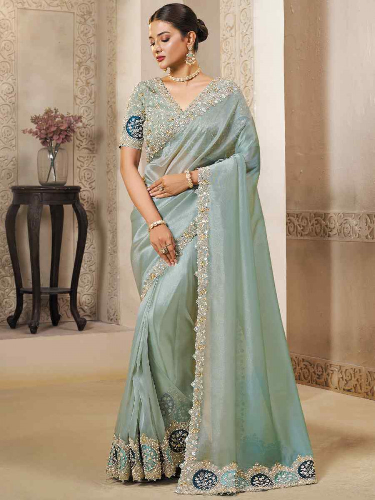 Image of Light Grey Organza Tissue Silk, Natural Satin Silk Embroidery Traditional Bridal Reception Festival Wedding Fancy Heavy Border Saree