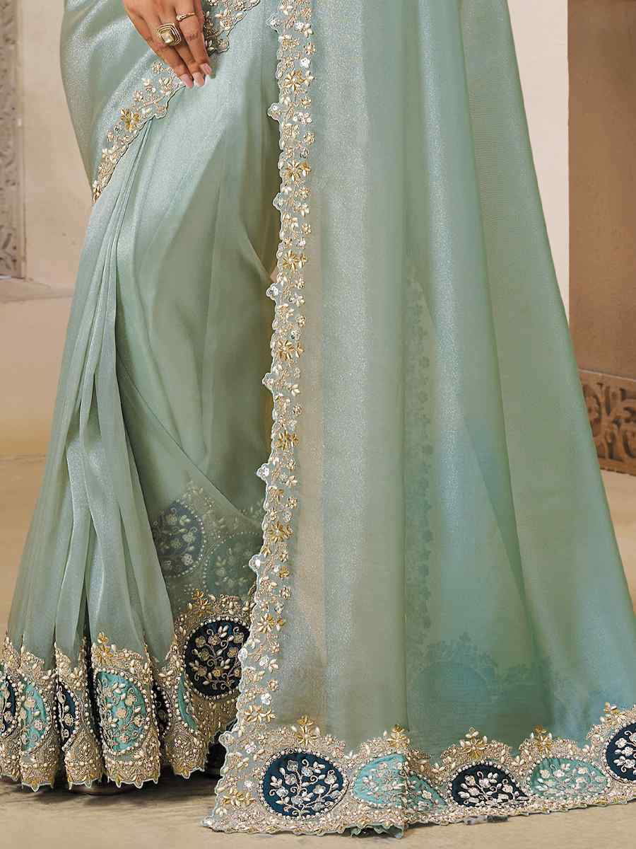 Light Grey Organza Tissue Silk Natural Satin Silk Embroidery Traditional Bridal Reception Festival Wedding Fancy Heavy Border Saree
