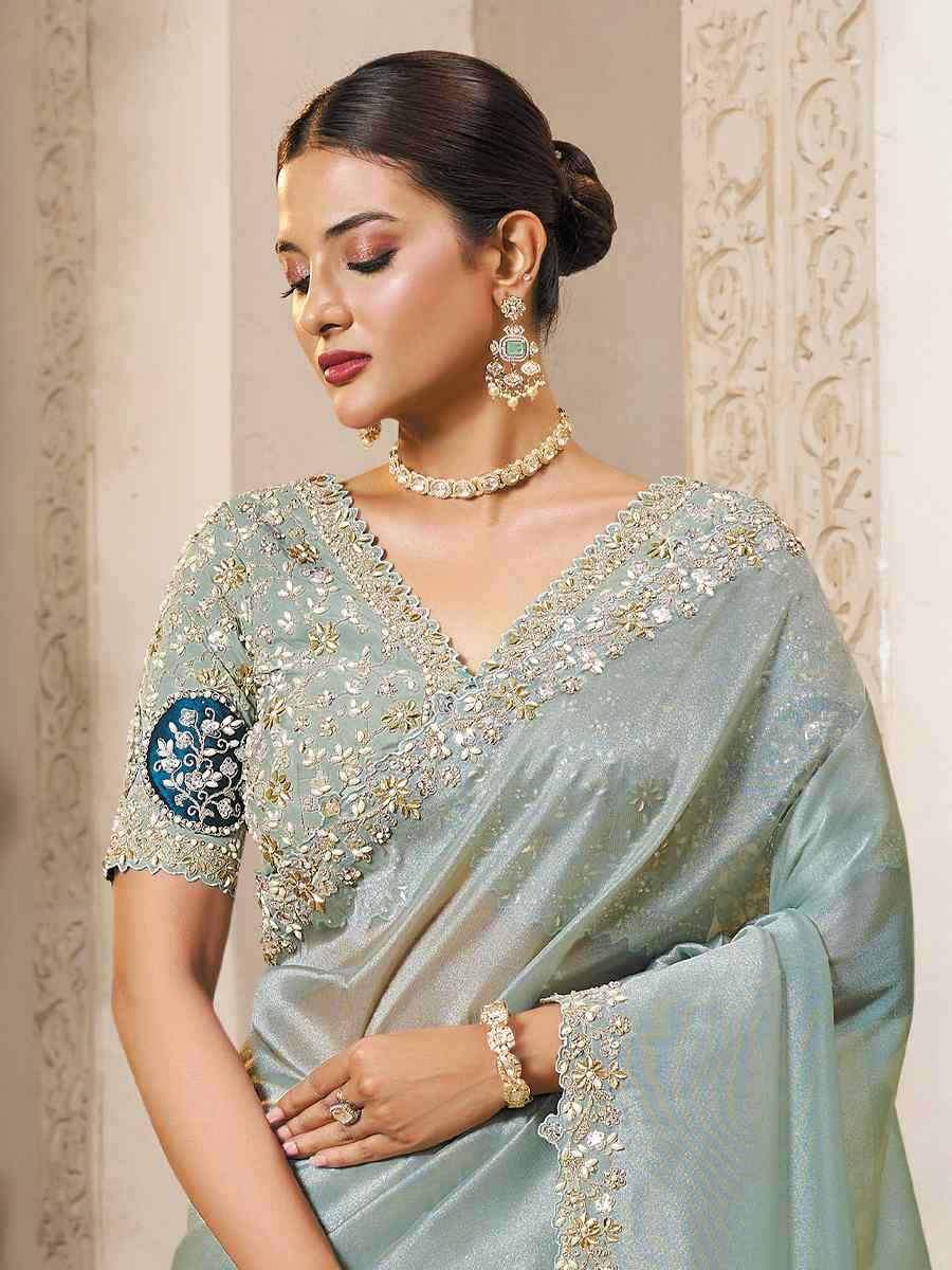 Light Grey Organza Tissue Silk Natural Satin Silk Embroidery Traditional Bridal Reception Festival Wedding Fancy Heavy Border Saree
