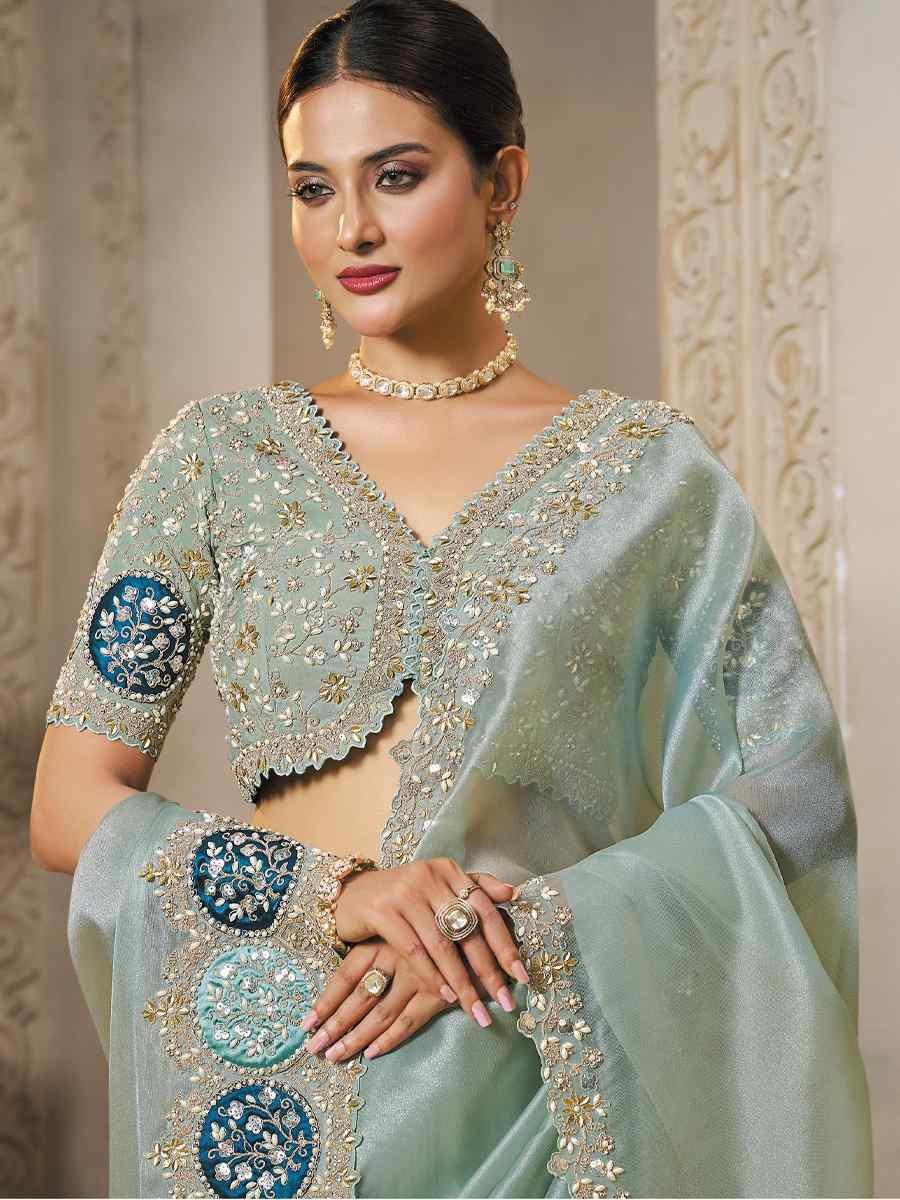 Light Grey Organza Tissue Silk Natural Satin Silk Embroidery Traditional Bridal Reception Festival Wedding Fancy Heavy Border Saree