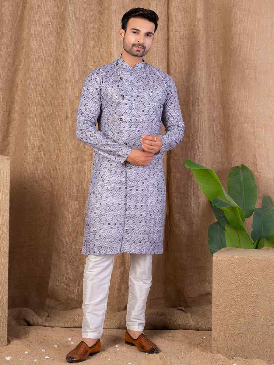 Light Grey Printed Cotton Silk Embroidery Festival Wedding Party Mens Kurta