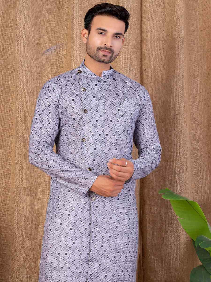 Light Grey Printed Cotton Silk Embroidery Festival Wedding Party Mens Kurta