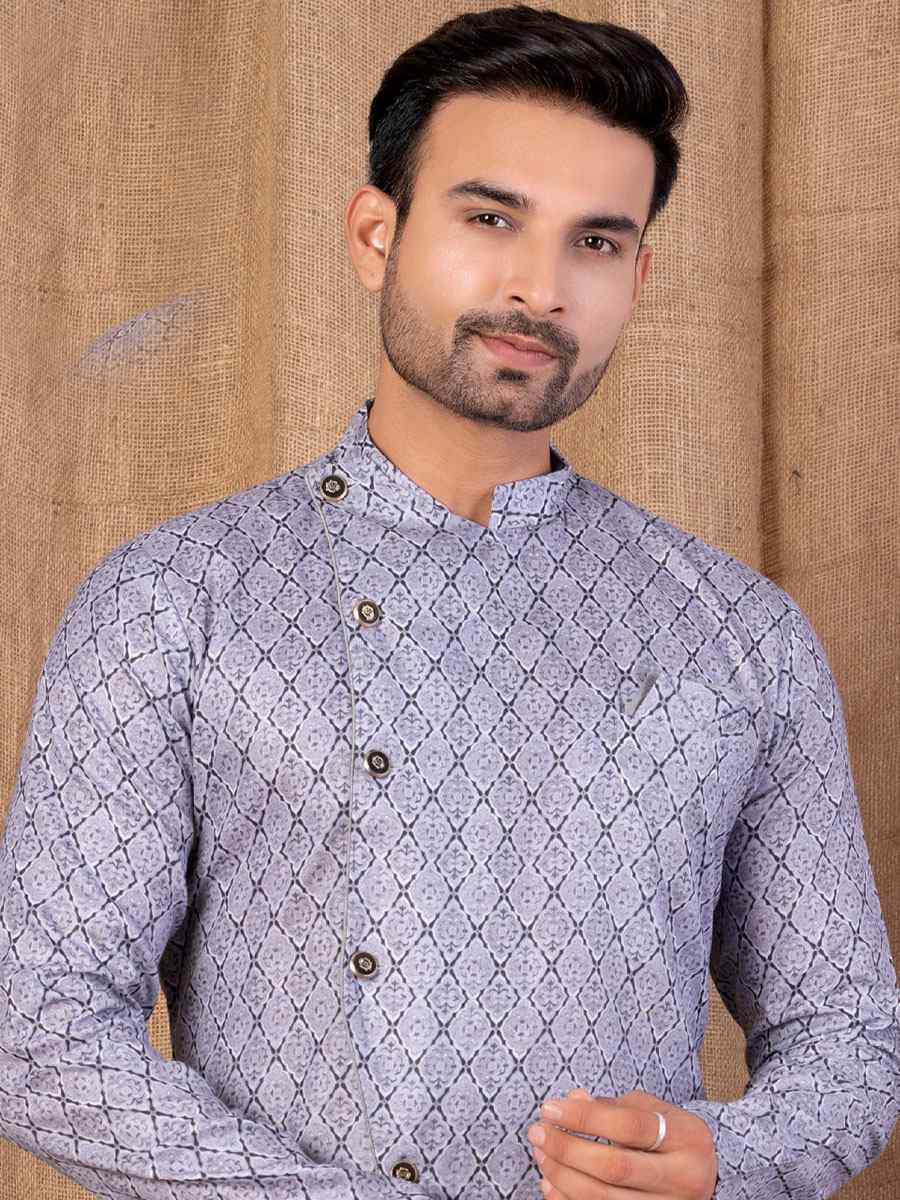 Light Grey Printed Cotton Silk Embroidery Festival Wedding Party Mens Kurta