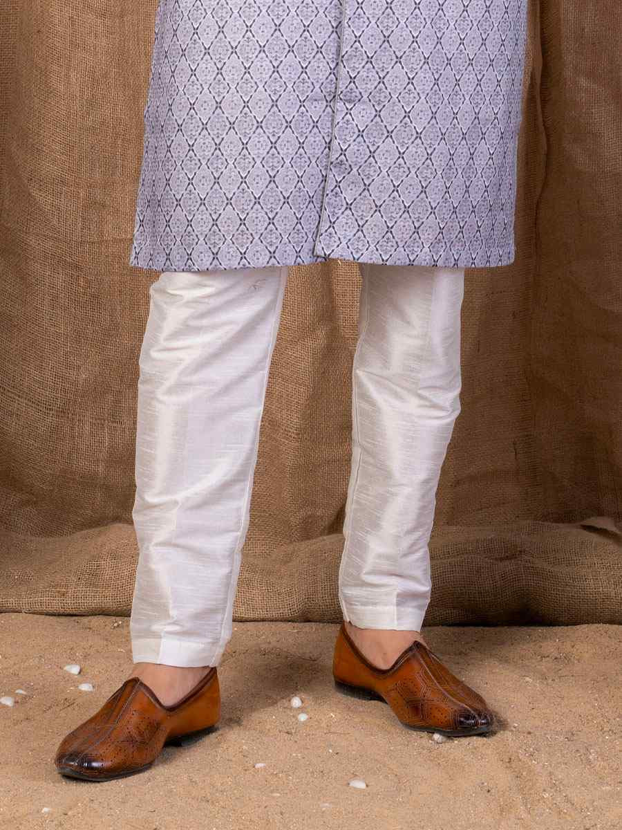 Light Grey Printed Cotton Silk Embroidery Festival Wedding Party Mens Kurta