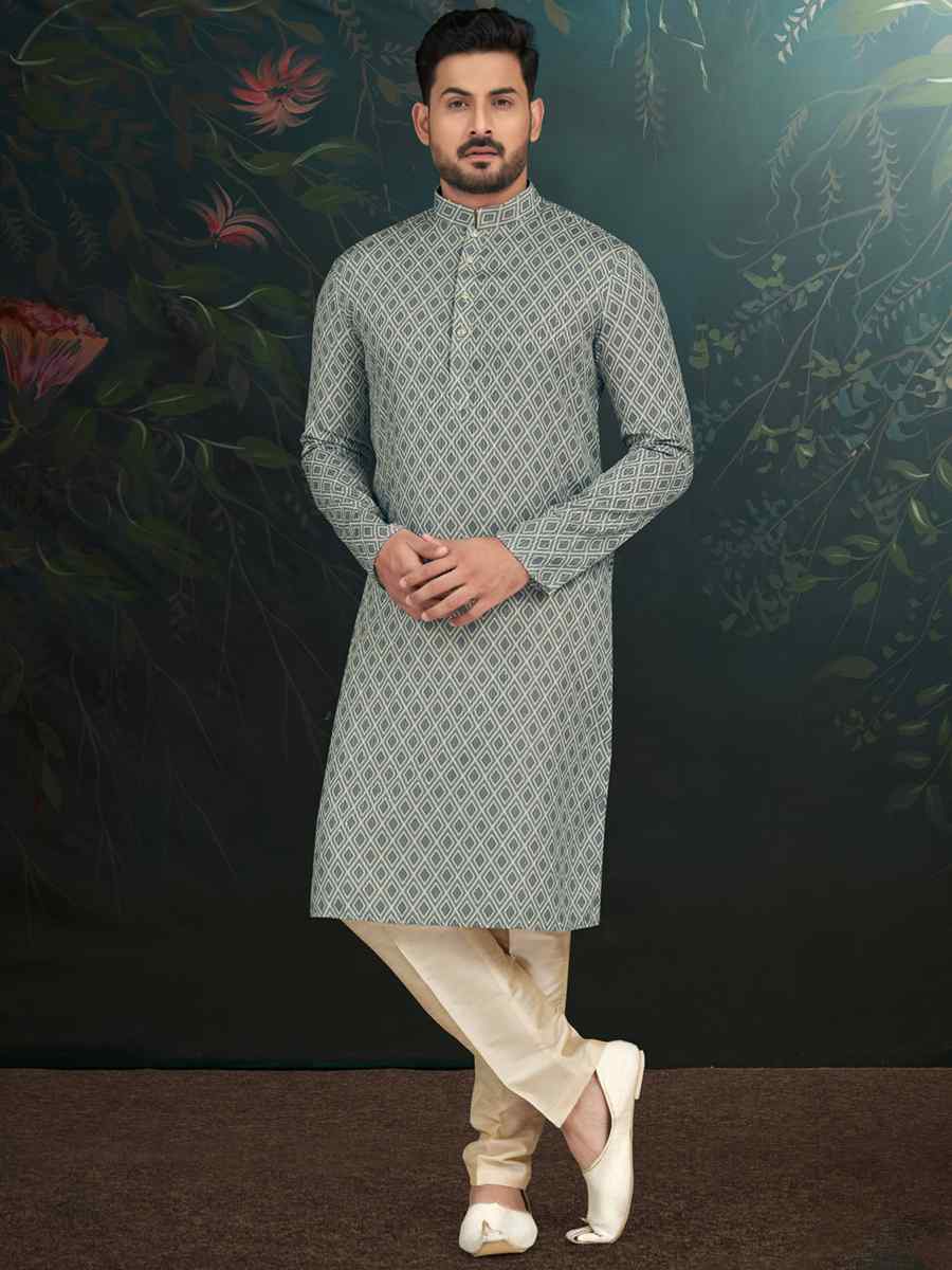 Light Grey Rayon Embroidered Festival Wedding Kurta