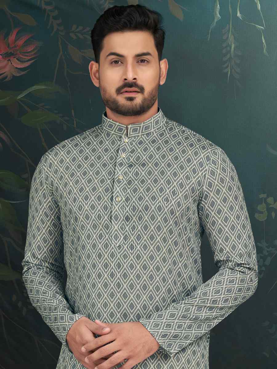 Light Grey Rayon Embroidered Festival Wedding Kurta