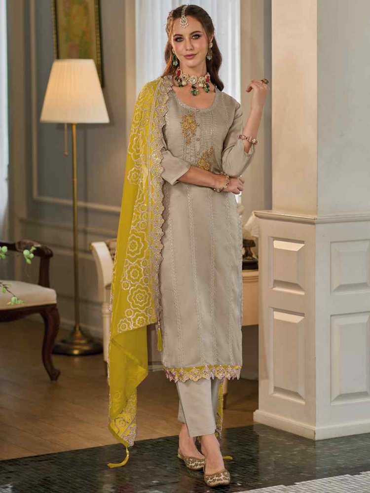 Light Grey Soft Organza Embroidered Festival Casual Ready Pant Salwar Kameez