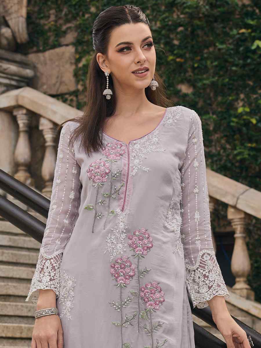 Light Grey Soft Organza Embroidered Festival Party Ready Pant Salwar Kameez