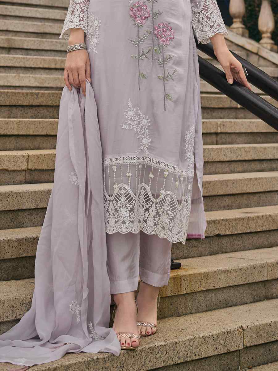 Light Grey Soft Organza Embroidered Festival Party Ready Pant Salwar Kameez