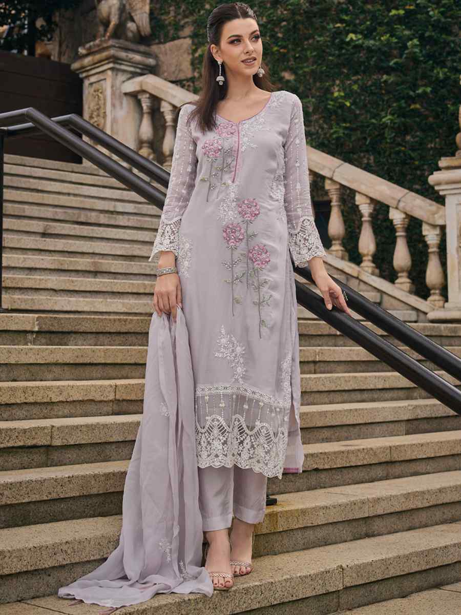 Light Grey Soft Organza Embroidered Festival Party Ready Pant Salwar Kameez
