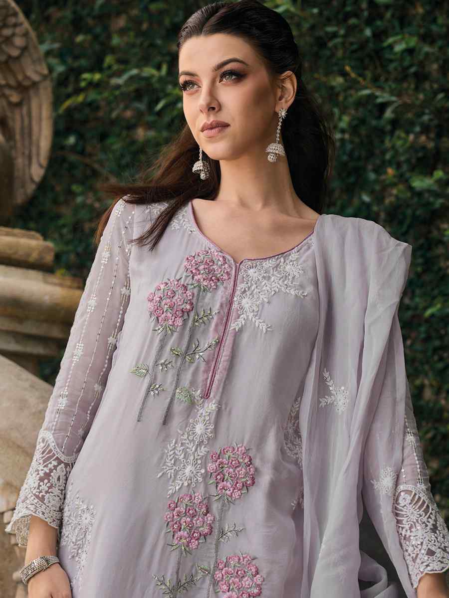 Light Grey Soft Organza Embroidered Festival Party Ready Pant Salwar Kameez