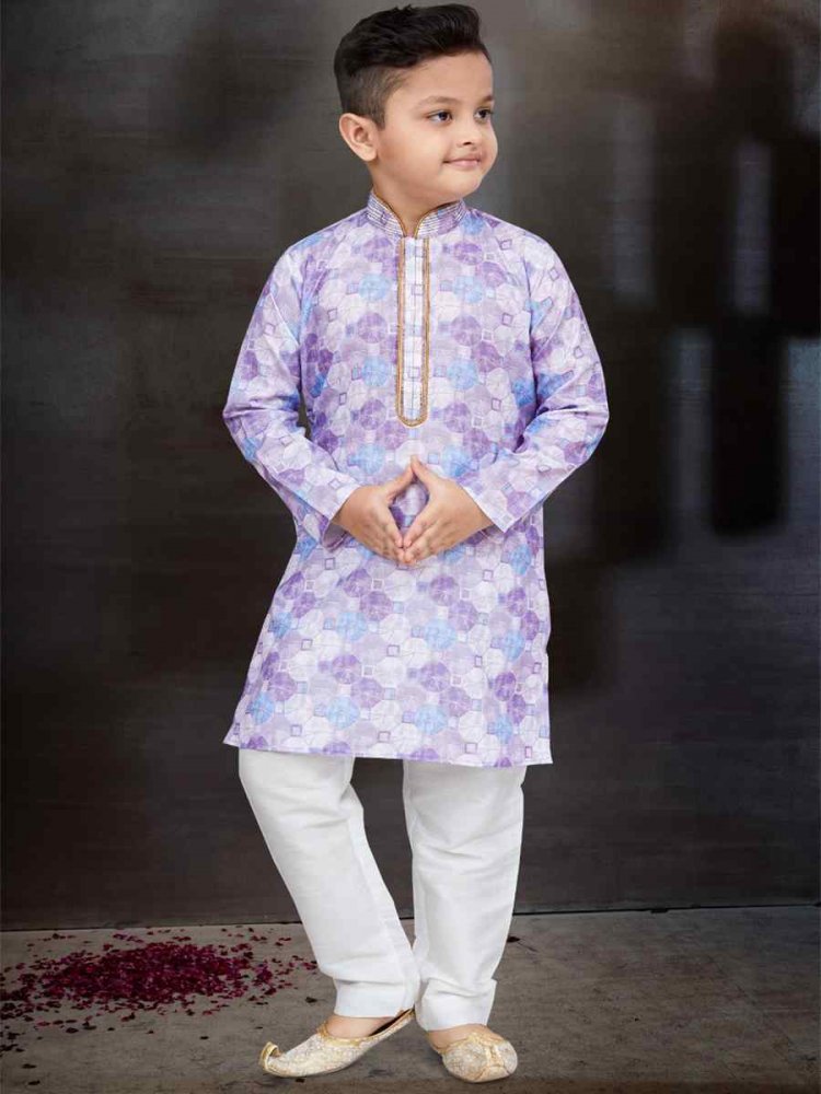 Light Lavender Cotton Printed Festival Traditional Kurta Pyjama Boys Wear