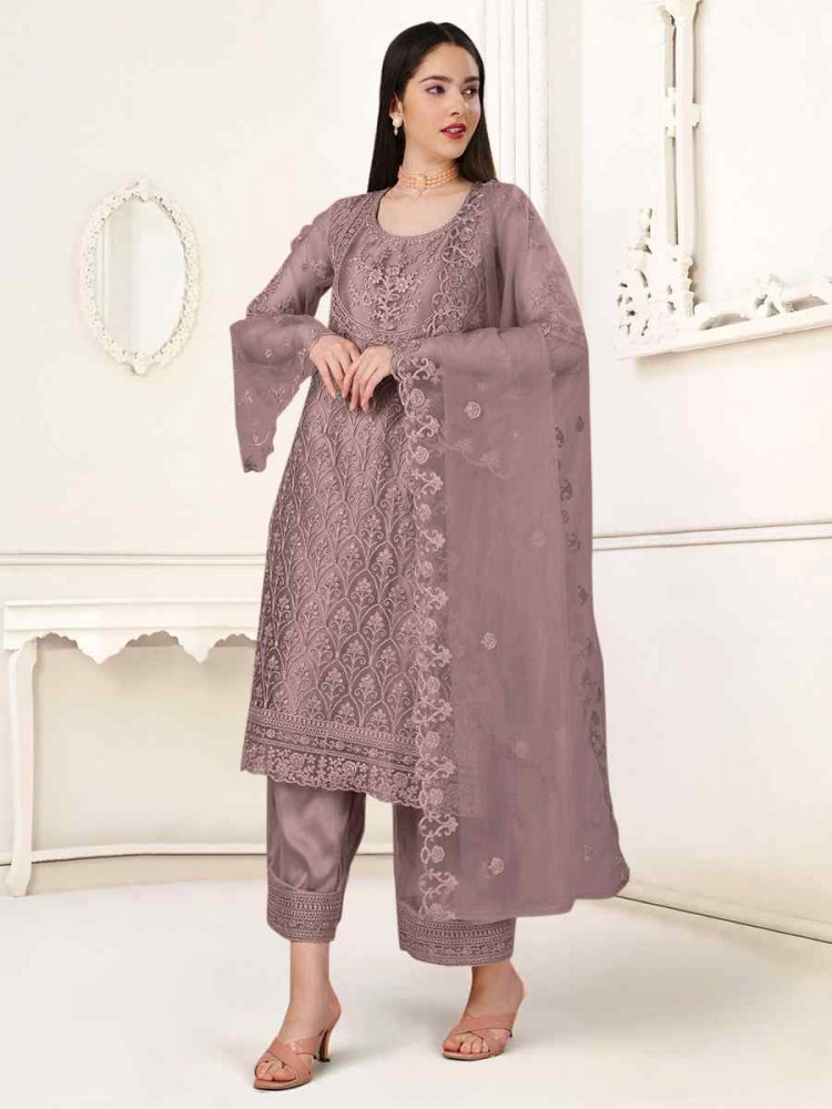 Light Lavender Heavy Butterfly Net Embroidered Festival Party Pant Salwar Kameez