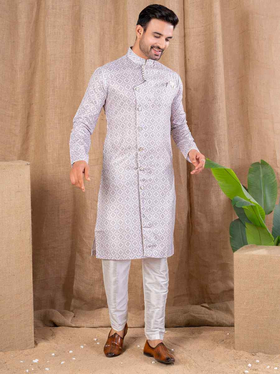 Light Lavender Printed Cotton Silk Embroidery Festival Wedding Party Mens Kurta