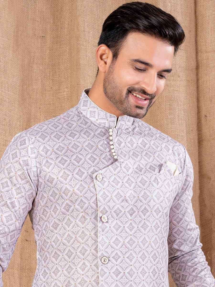 Light Lavender Printed Cotton Silk Embroidery Festival Wedding Party Mens Kurta