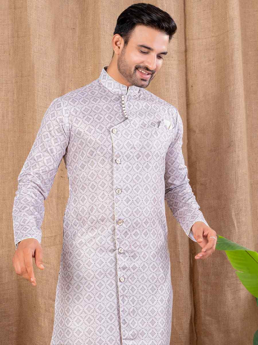 Light Lavender Printed Cotton Silk Embroidery Festival Wedding Party Mens Kurta