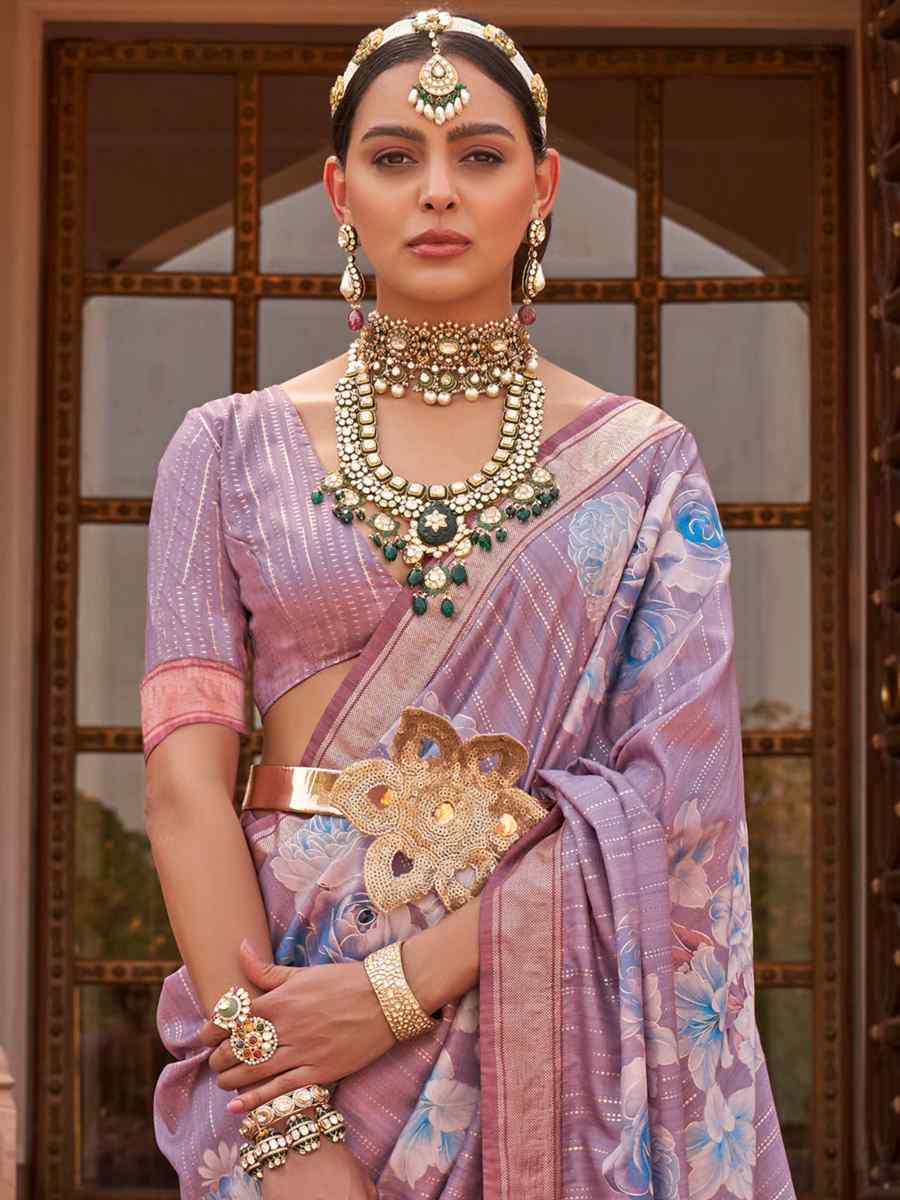 Light Lavender Silk Printed Casual Festival Classic Style Saree