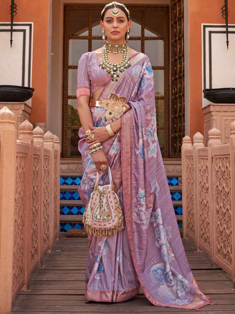 Light Lavender Silk Printed Casual Festival Classic Style Saree