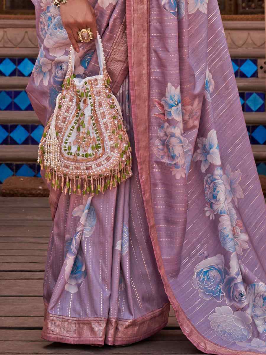 Light Lavender Silk Printed Casual Festival Classic Style Saree