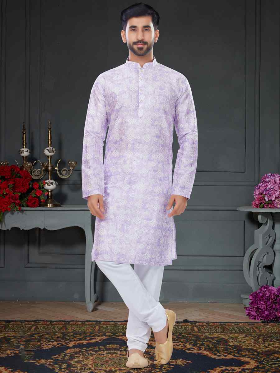 Light Lavender Silk Printed Festival Party Kurta