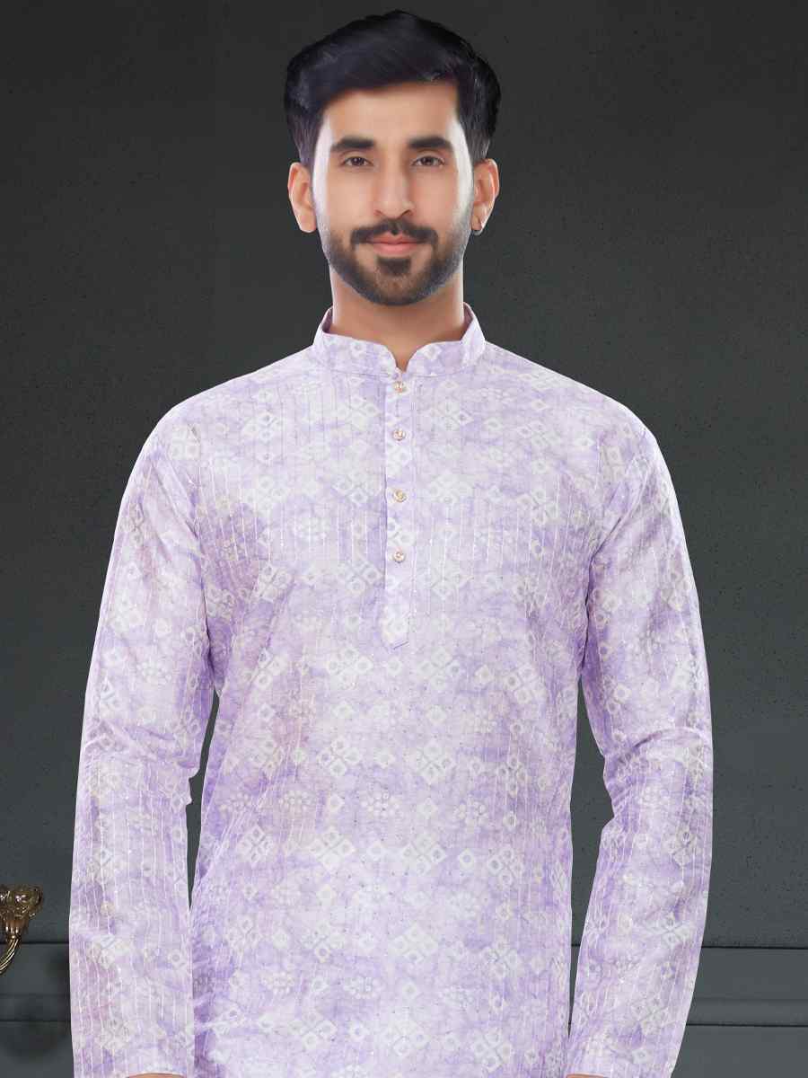 Light Lavender Silk Printed Festival Party Kurta