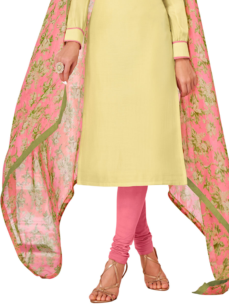 Light Leamon Yellow Chanderi Cotton Embroidered Party Churidar Pant Kameez