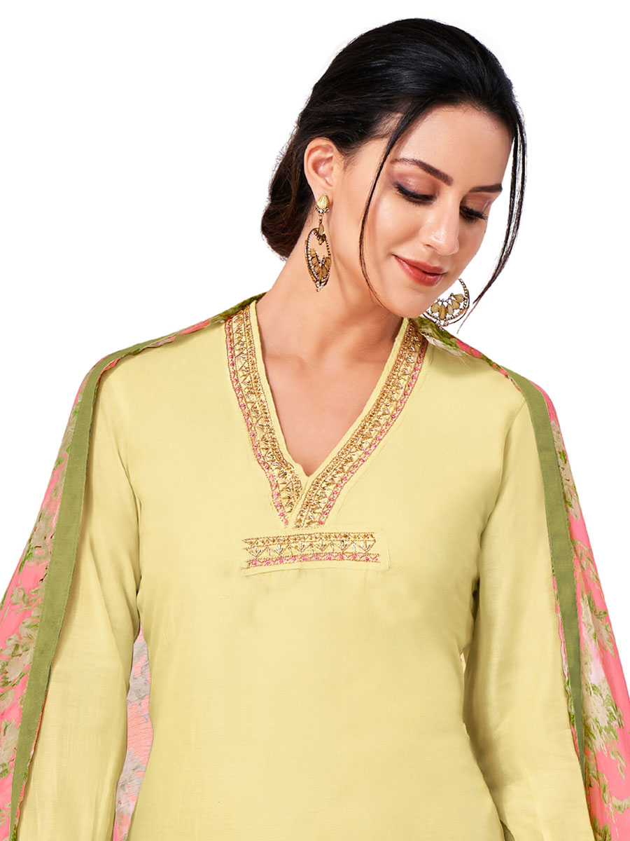Light Leamon Yellow Chanderi Cotton Embroidered Party Churidar Pant Kameez
